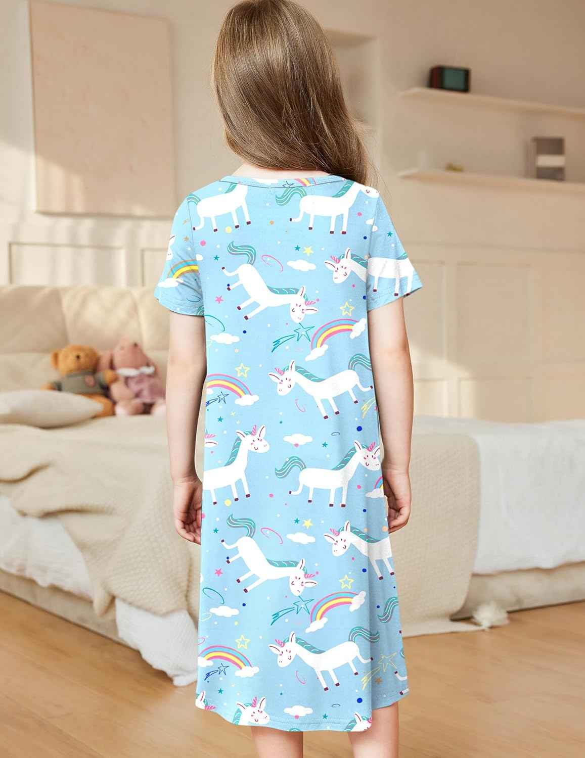 Arshiner Nightdress Girls Short Sleeve Pyjamas Children's Sleep Dress Cat Unicorn Crew Neck Night Dress 4-12 Years