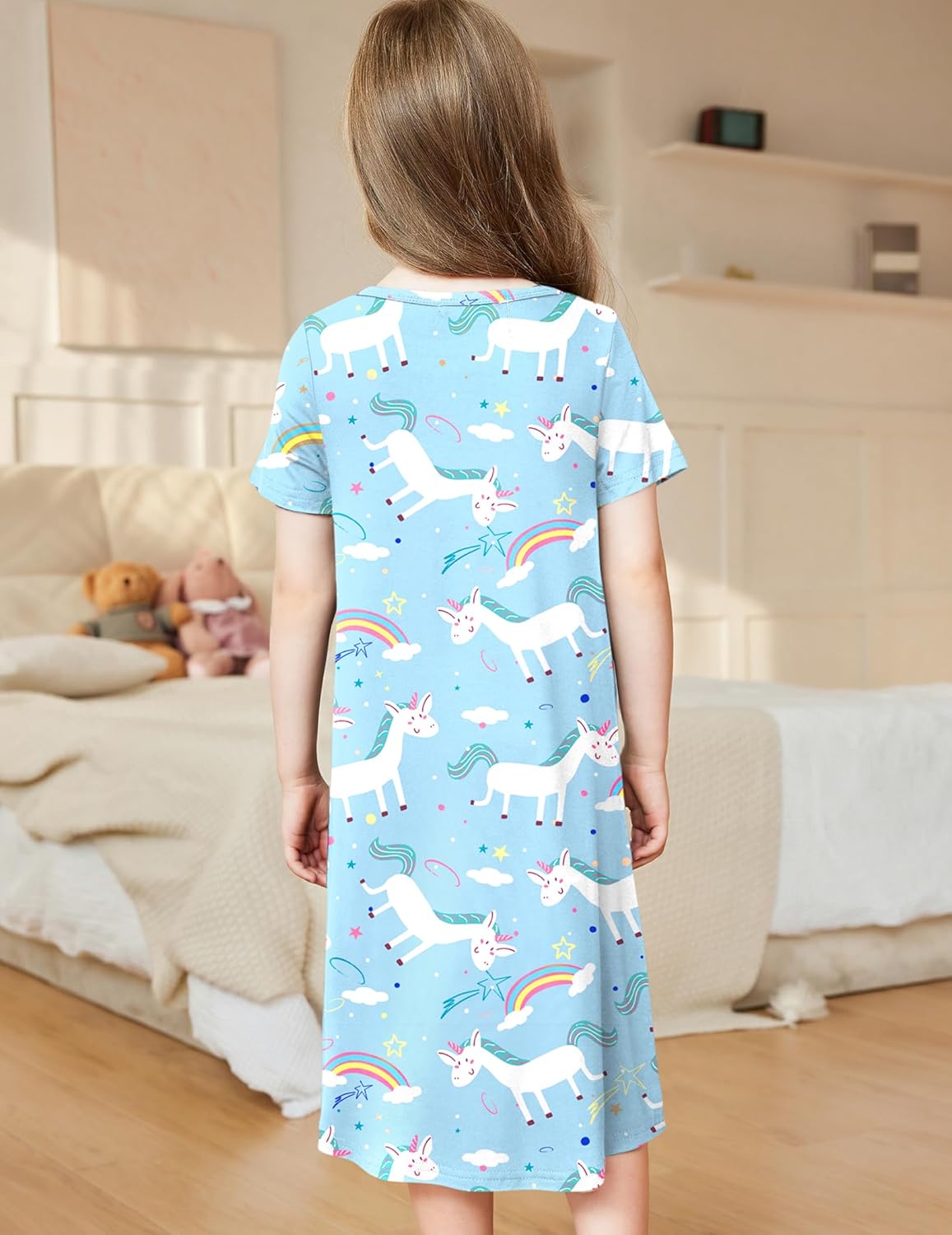 Arshiner Nachthemd Mädchen Kurzarm Pyjamas Kinder Schlafkleid Katze Einhorn Rundhals Nachtkleid 4-12 Jahre