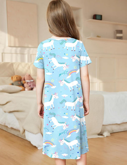 Arshiner Nachthemd Mädchen Kurzarm Pyjamas Kinder Schlafkleid Katze Einhorn Rundhals Nachtkleid 4-12 Jahre