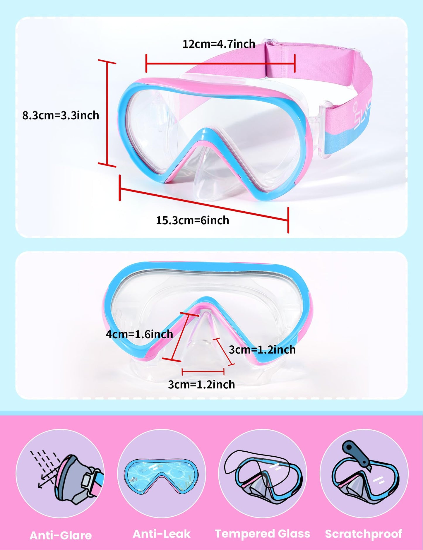 Supertrip Taucherbrille Kinder mit Stoffband,Schwimmbrille Kinder fur Mädchen Jugen,Gehärtetes Glas Schnorchelmaske Kinder mit Nase,180°Panorama Tauchmaske Schwimmmaske Kinder Anti-Leck fur 6-14 Jahre