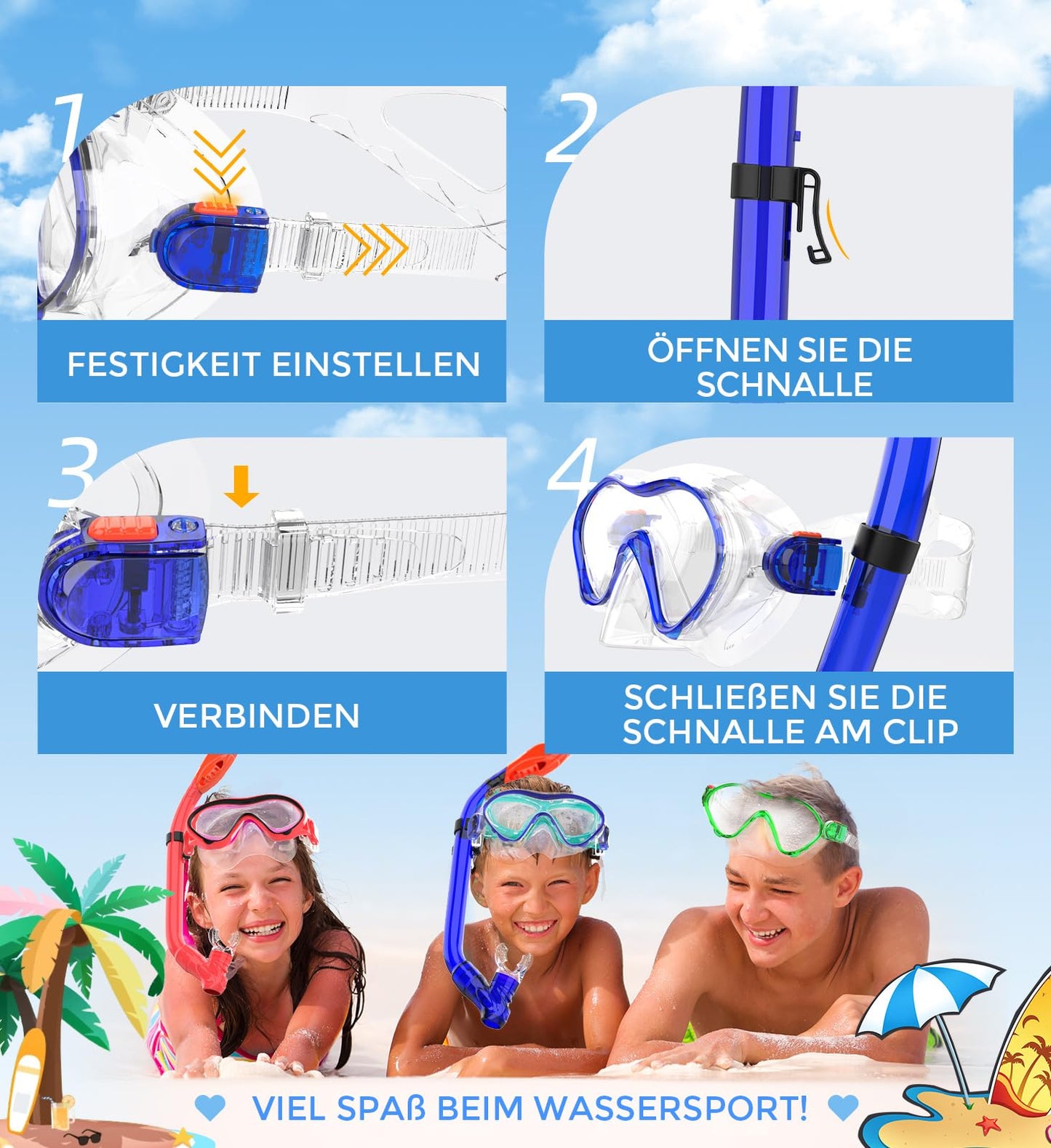 Sporzin Children's Diving Goggles Snorkel Set - Snorkel with Dry Snorkel Mask 180° Panoramic View HD and Anti-Fog Silicone Diving Mask and Swimming Goggles with Ear Plugs 4-12 Years