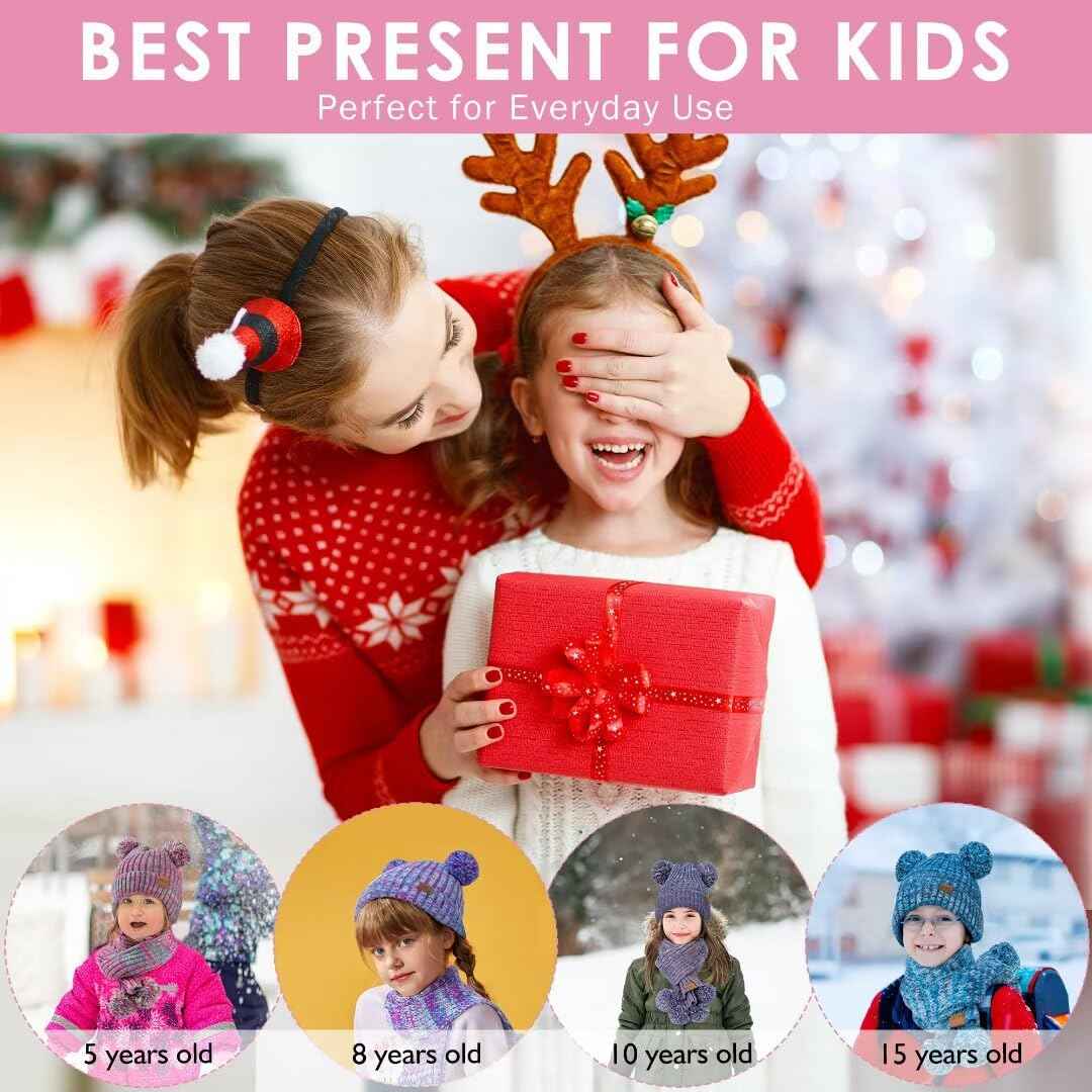 SENPUKI Gloves Hat and Scarf Children's Set, Girls Toddler Kids Beanie Hat Winter with Bobble Knitted Neck Warmer Neckerchief Tube Scarf Gloves Mittens Fleece Lined Gift Set