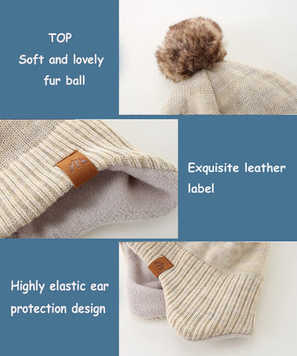 AHAHA Girls' Winter Hat, Earflap Beanie, Pompom Knitted Hats