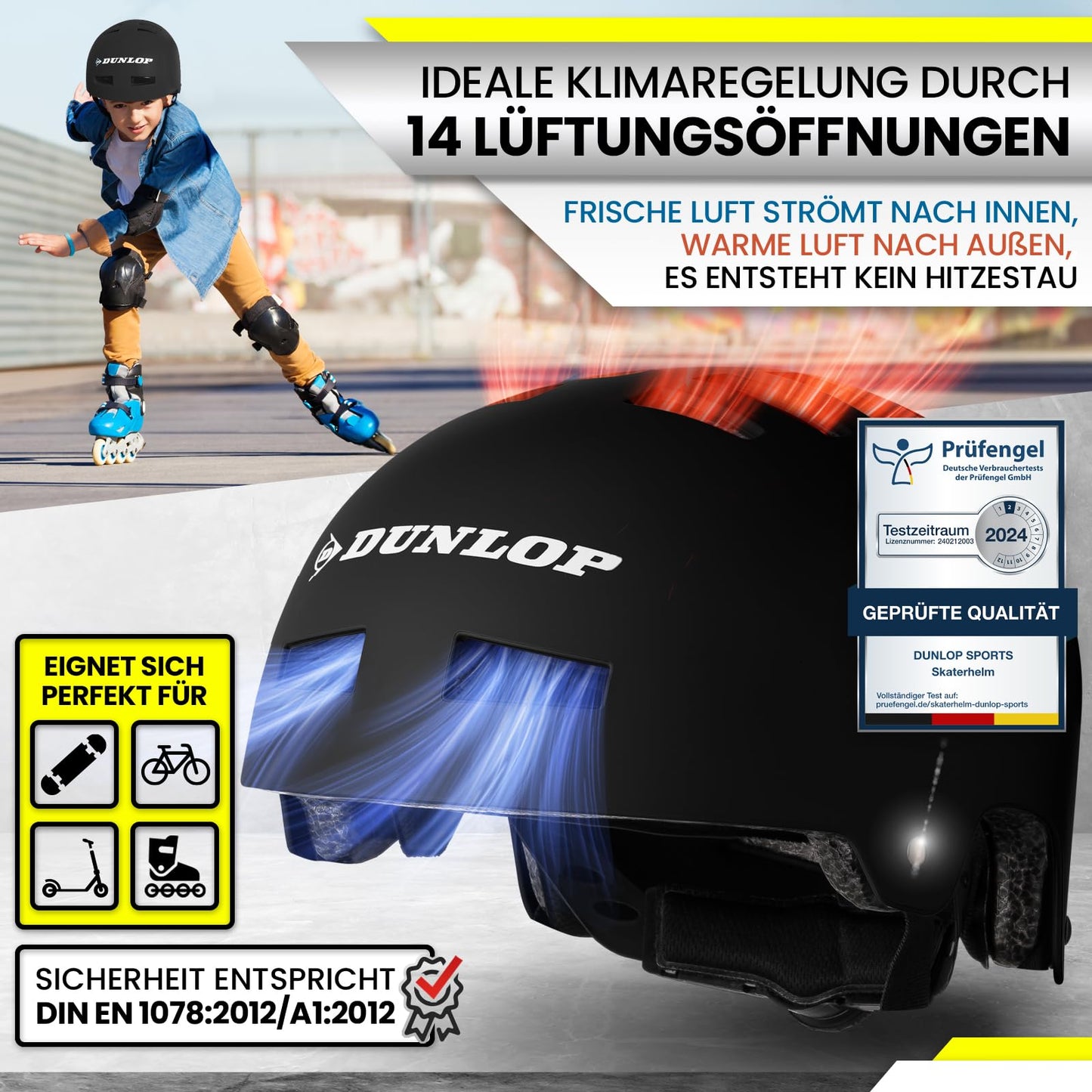 DUNLOP SPORTS Fahrradhelm Kinder Jugendliche Erwachsene - Test Sehr Gut - Leichter robuster Urban Allrounder Helm, 14 Fach belüftet, Schnellverschluss, Auto Kopfanpassung
