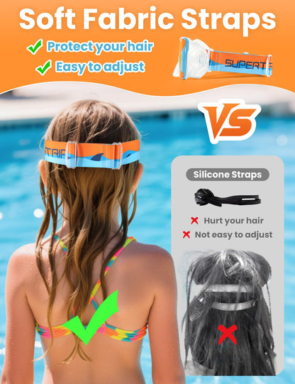 Supertrip Taucherbrille Kinder mit Stoffband,Schwimmbrille Kinder fur Mädchen Jugen,Gehärtetes Glas Schnorchelmaske Kinder mit Nase,180°Panorama Tauchmaske Schwimmmaske Kinder Anti-Leck fur 6-14 Jahre