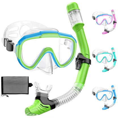 Lealinga Children's Snorkel Set with 180° Anti-Fog Panoramic Wide View Diving Mask and Dry Snorkel Snorkelling Set, Anti-Leak Snorkel Mask with Nose Protection for Boys and Girls