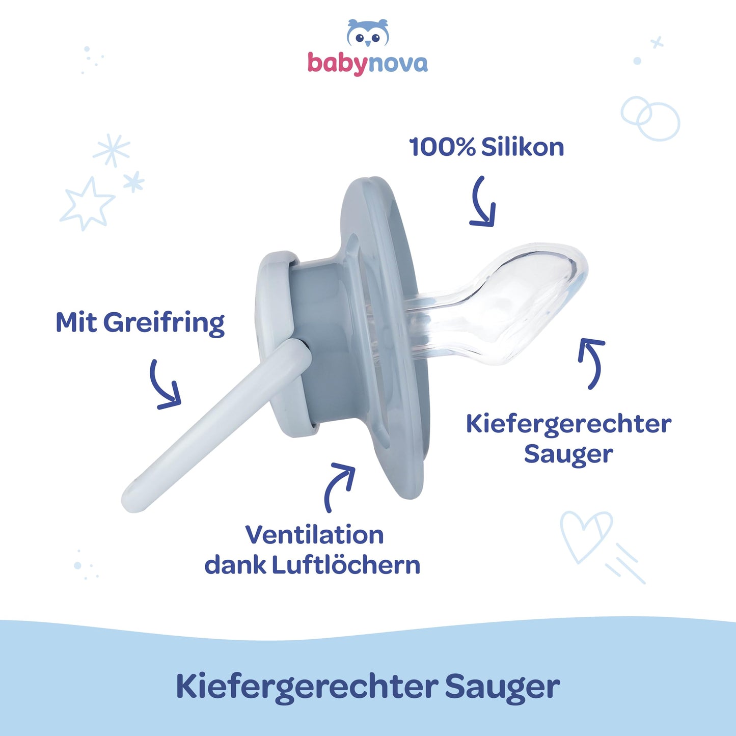 babynova Silikon Schnuller 2er-Set mit Sterilisationsbox - Schnuller Größe 1, 0-6 Monate - kiefergerechter Nuckel – BPA-frei – Made in Germany - Elefanten