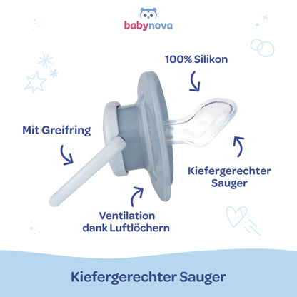 babynova Silikon Schnuller 2er-Set mit Sterilisationsbox - Schnuller Größe 1, 0-6 Monate - kiefergerechter Nuckel – BPA-frei – Made in Germany - Elefanten
