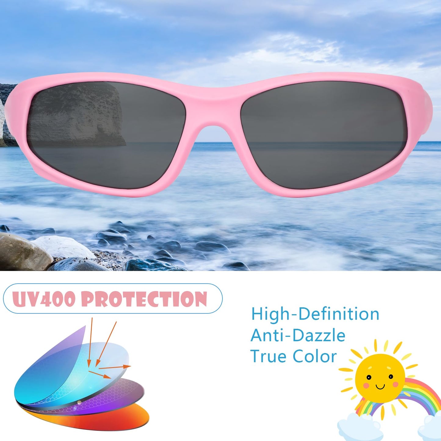 Hifot Sonnenbrille Kinder Polarisierte Sportbrille für Jungen und Mädchen UV400 Schutz gegen UltravioletteFahrradbrille Silikon Sonnenstrahlen Alter 3-12 Jahre