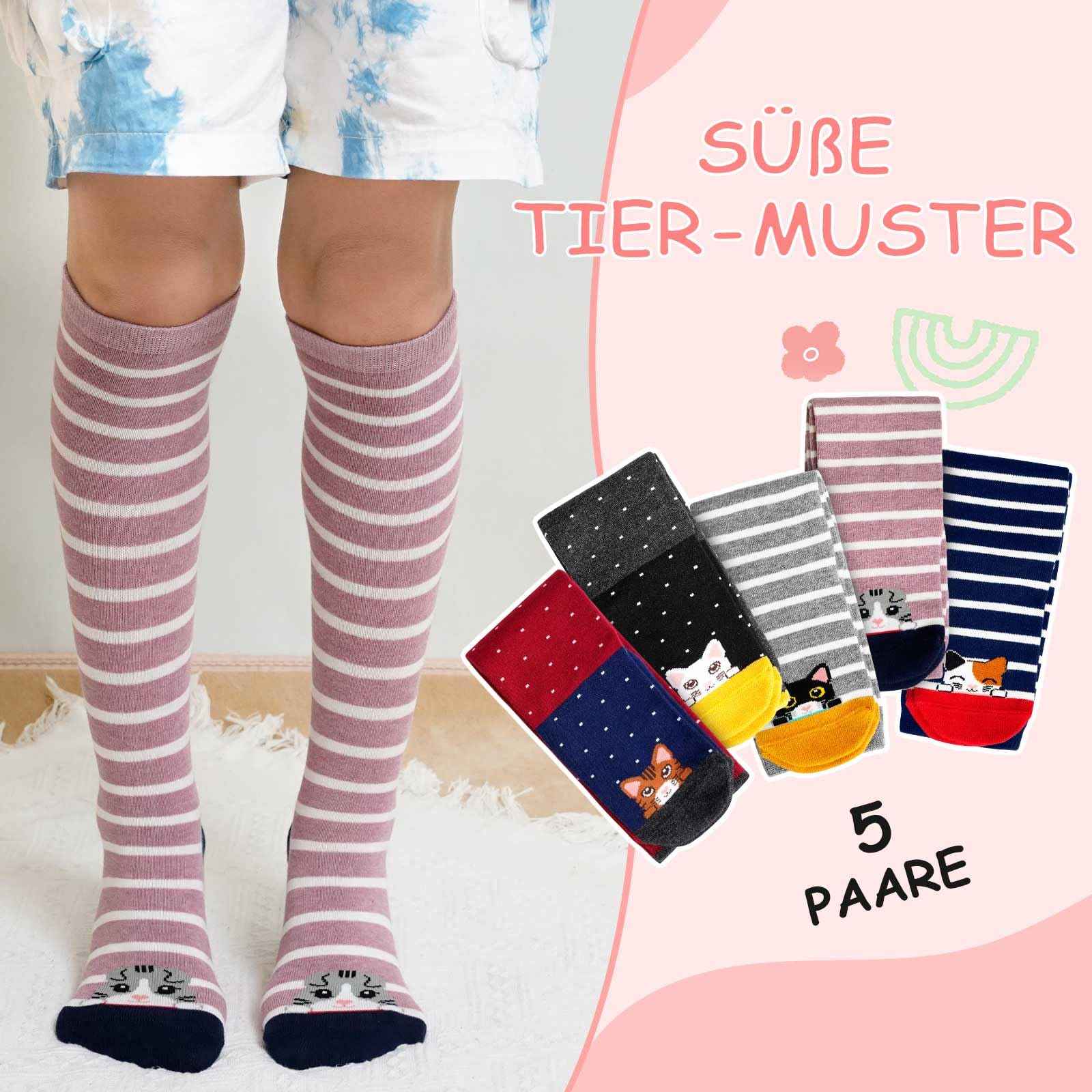 LOFIR Girls' Knee Socks Children's Socks: Overknee Stockings Long Striped Children's Socks Animal Cotton Socks Colourful Striped Socks Funny Without Seam Knee Socks Gift 2-12 Years 23-38 5 Pairs