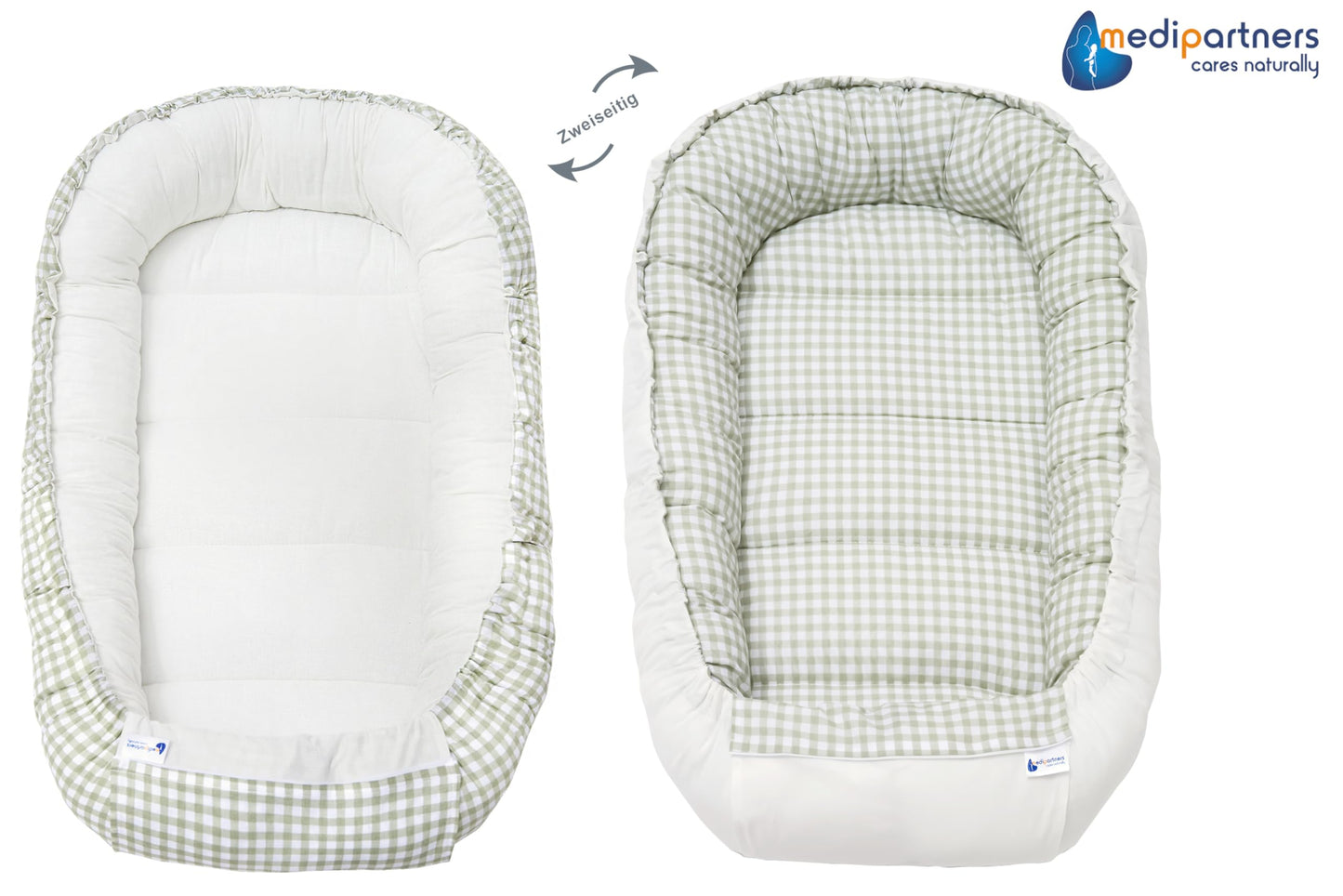Medi Partners Babynestchen Babynest Set 100x60x15 Kuschelnest 5 teilig herausnehmbarer Einsatz Kokon Nestchen Babys Neugeborene 100% Baumwolle (REH mit Grauem Minky)