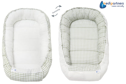 Medi Partners Babynestchen Babynest Set 100x60x15 Kuschelnest 5 teilig herausnehmbarer Einsatz Kokon Nestchen Babys Neugeborene 100% Baumwolle (REH mit Grauem Minky)