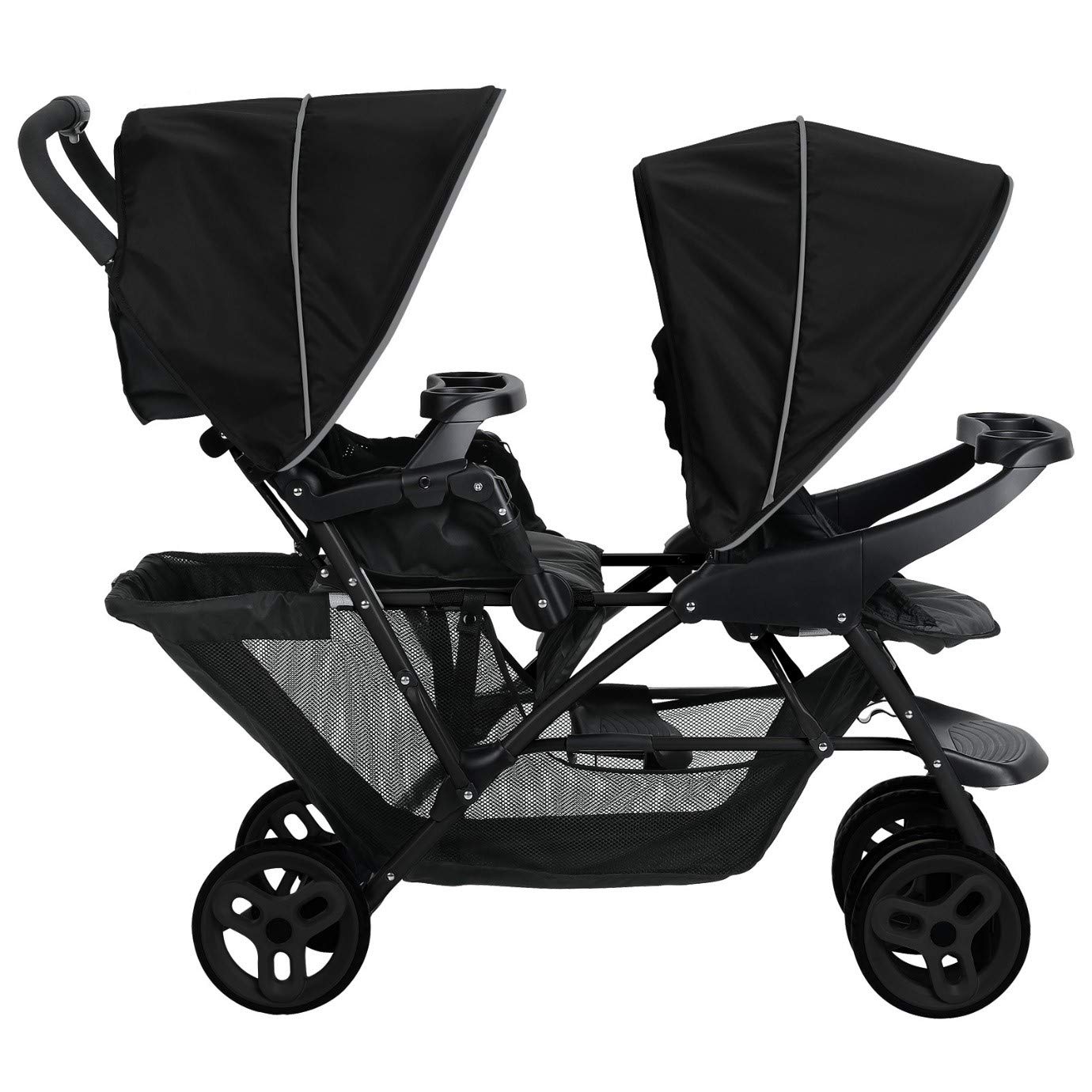 Graco Stadium Duo Geschwisterwagen, Zwillingswagen, 0-15 kg, auch mit Babyschale nutzbar, verstellbare Rückenlehnen, zusammenklappbar, freistehend, großer Staukorb, inkl. Snacktabletts, Titanium