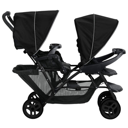 Graco Stadium Duo Geschwisterwagen, Zwillingswagen, 0-15 kg, auch mit Babyschale nutzbar, verstellbare Rückenlehnen, zusammenklappbar, freistehend, großer Staukorb, inkl. Snacktabletts, Titanium