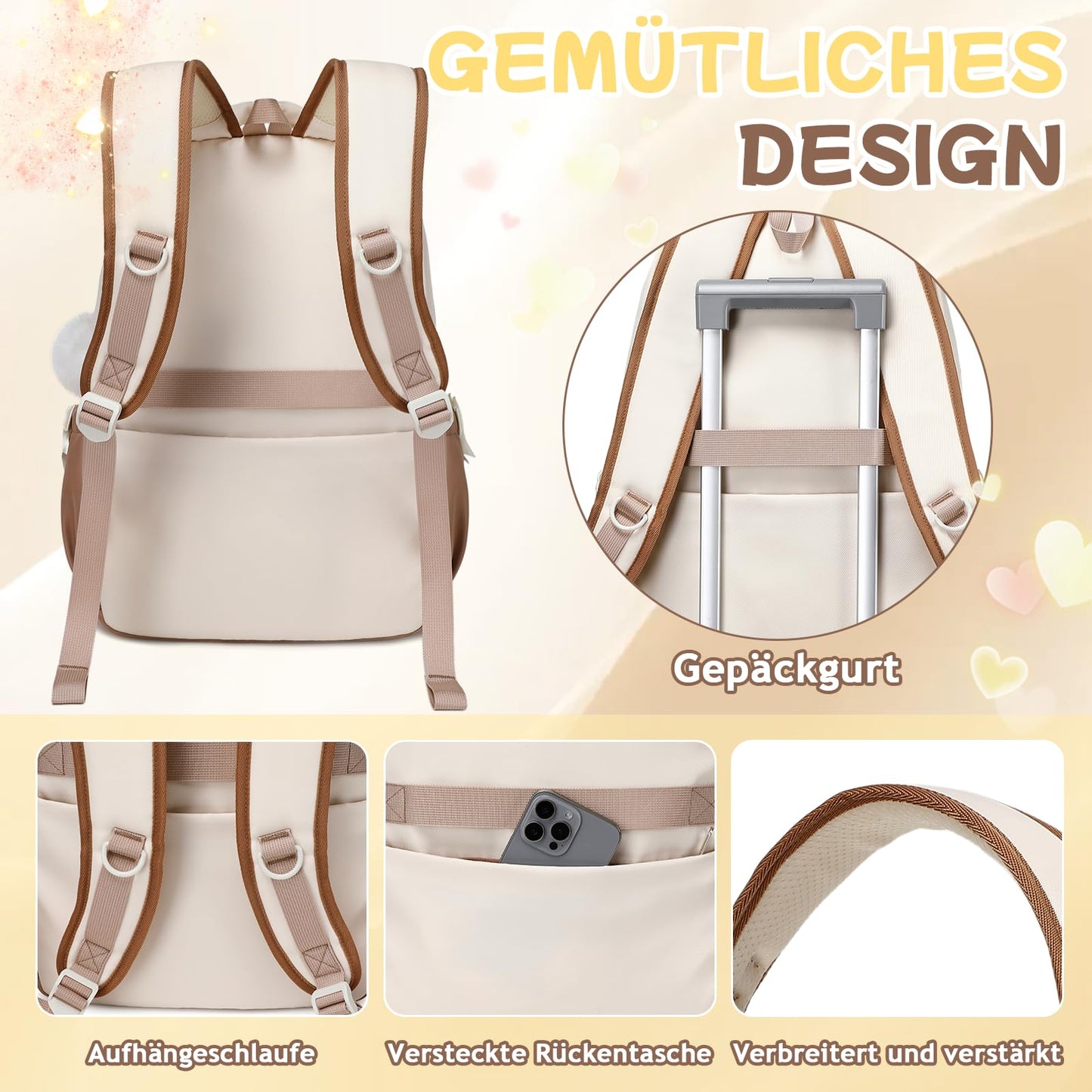 Schulrucksack Mädchen Herzdesign 22L mit Gepäckgurt für Schule | Spitze & Schleifendetails, Ergonomische 3D-Rückenpolsterung, wasserabweisendes Polyester, zahlreiche getrennte Fächer