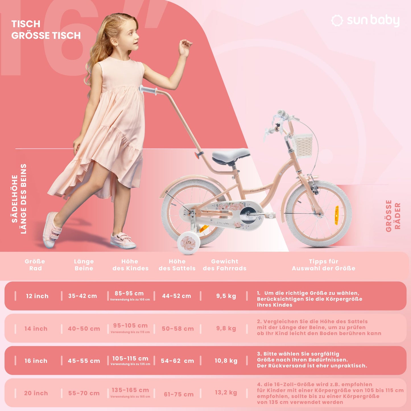 sun baby Mädchenfahrrad Flower Bike Radgröße zur Auswahl, mit Abnehmbarer Schubstange, Kinderfahrrad für Mädchen von 2 bis 6 Jahre