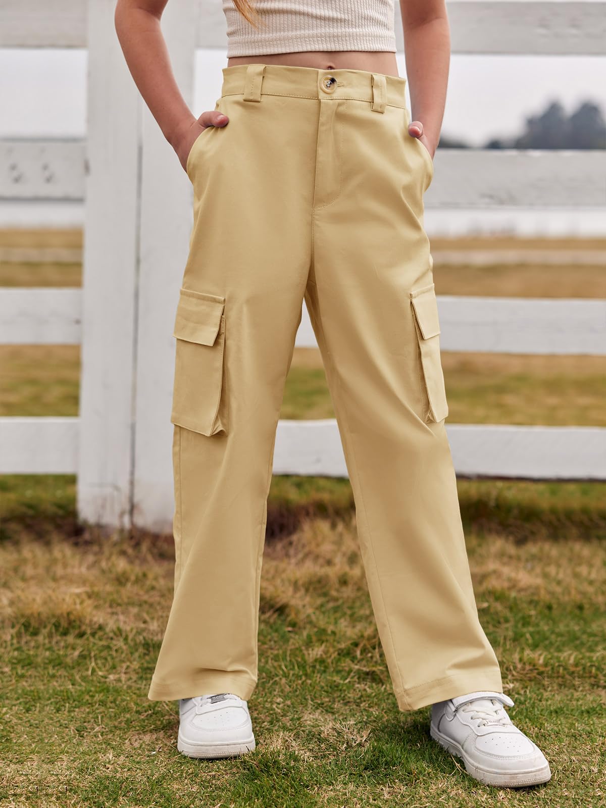 Haloumoning Mädchen Cargohose Baumwoll Y2K Baggy Cargo Hose Kinder Straight Leg Hohe Taille Jogginghose Casual Outdoorhose mit Elastische Taille und Taschen
