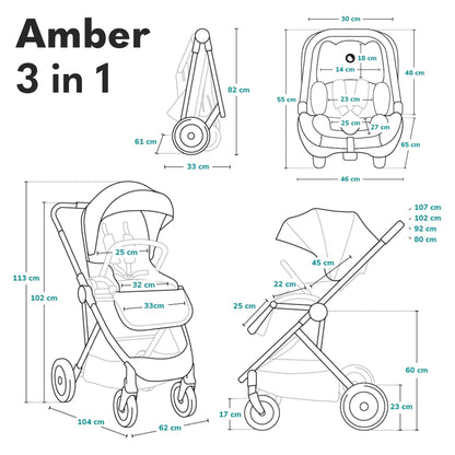 LIONELO MERIL 3-in-1 Multifunktionaler Kinderwagen 0-48 Monate Bis zu 22 kg, Babywanne bis zu 9 kg, Kindersitz bis zu 13 kg, Geländeräder 360°, Vollfederung, XXL-Verdeck mit UPF50+ - Meloni2
