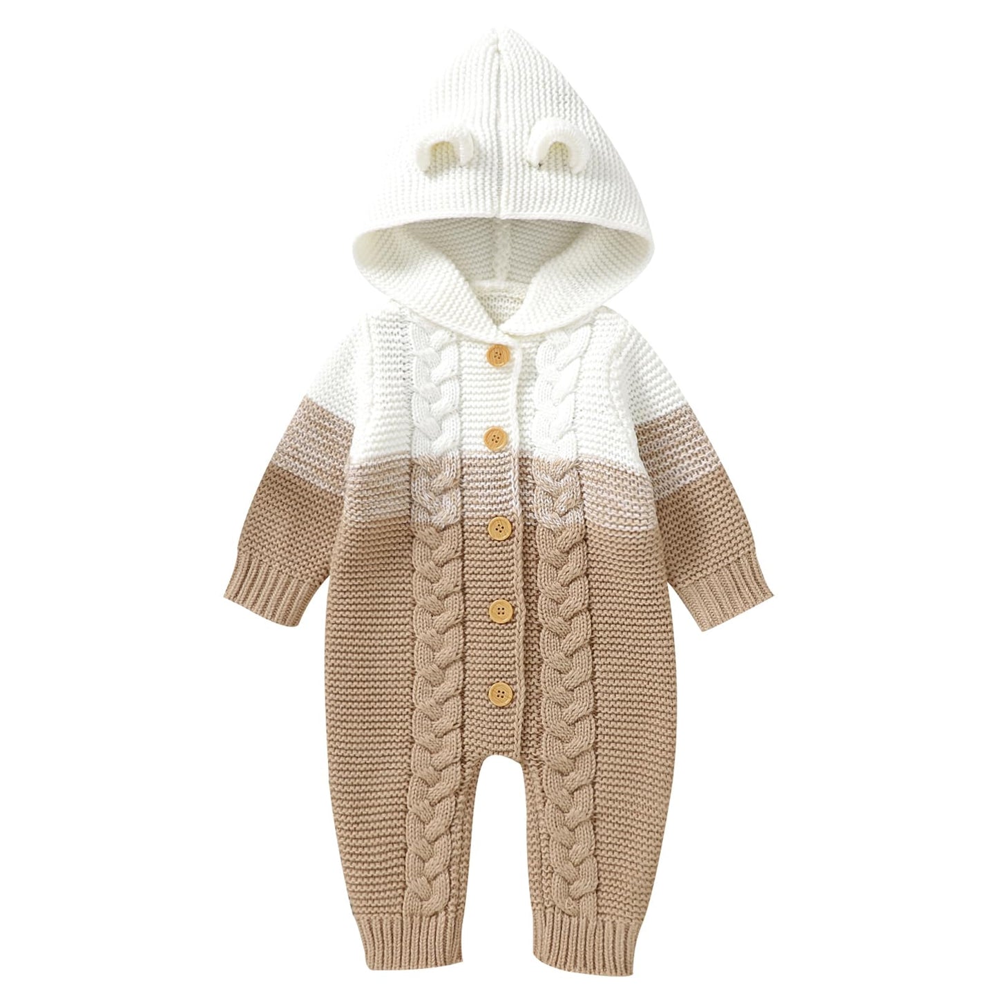OBEEII Newborn Baby Knitted Romper Jumpsuit with Hood Ear Onesies Pullover Winter Warmer Onesie Bodysuit for Boys Girls