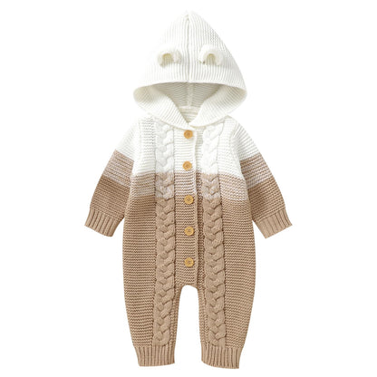 OBEEII Newborn Baby Knitted Romper Jumpsuit with Hood Ear Onesies Pullover Winter Warmer Onesie Bodysuit for Boys Girls