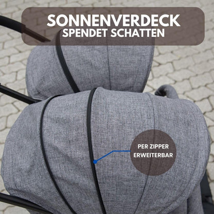 ABC Design Zwillingsbuggy Twin Circle - leichter und wendiger Kinderwagen für Zwillinge mit Liegefunktion, klein zusammenklappbarer Geschwisterwagen - Woven Graphite