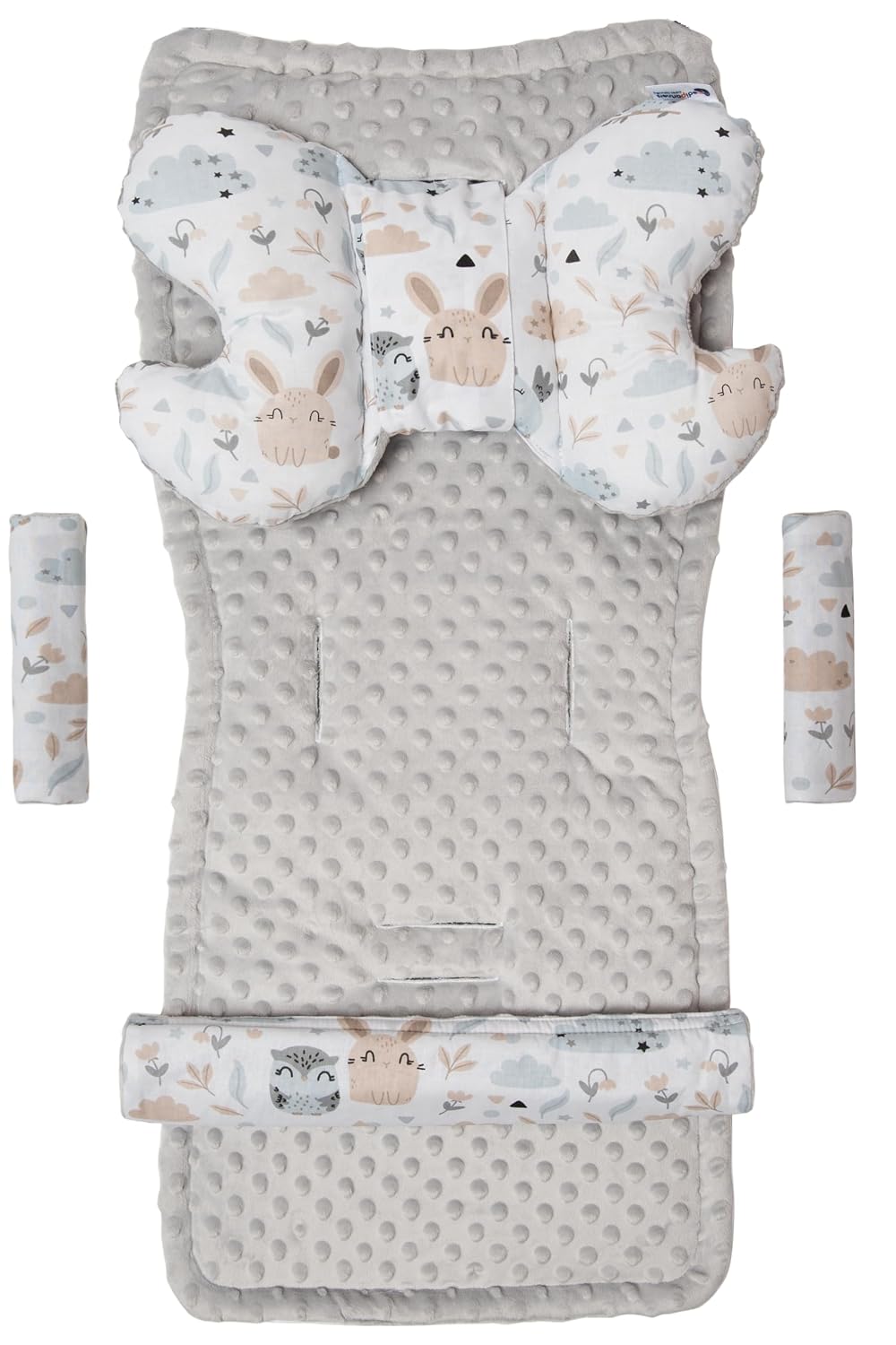 Sitzauflage Kinderwagen Buggy Baby Sommer Kindersitz Einlage Universal - 5tgl Gurtpolster + Spielbogen Kinderwagenset Babyschale (Safari mit beige Minky)