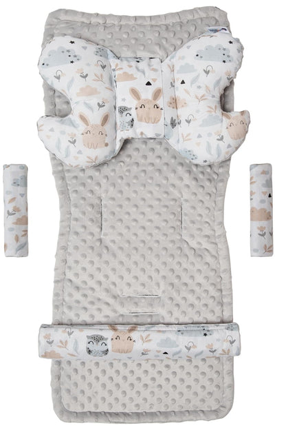 Sitzauflage Kinderwagen Buggy Baby Sommer Kindersitz Einlage Universal - 5tgl Gurtpolster + Spielbogen Kinderwagenset Babyschale (Safari mit beige Minky)