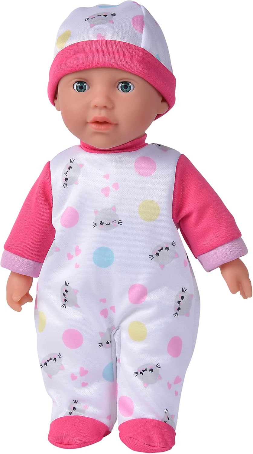 Simba 105140004 - Laura Cutie, Weichkörperpuppe mit Schlafaugen im süßen Kätzchenstrampler, 5 Sounds, 30cm, ab 12 Monaten