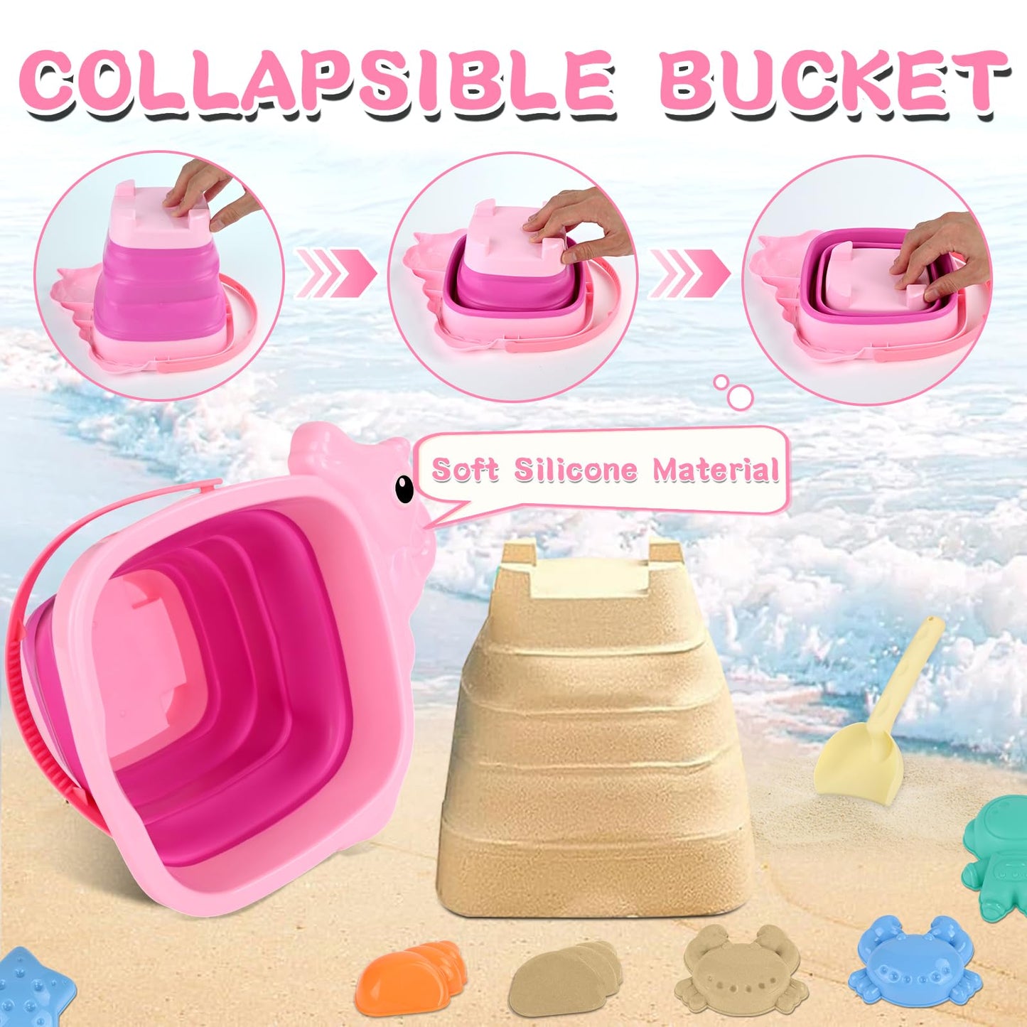 Euakee Sand Toy for Children, 11 Pieces Sand Toys with Foldable Bucket, Sanity Toy Set, Sand Toy Beach, Sandpit Toy for Children 3 4 5 6 7 Years (Orange)