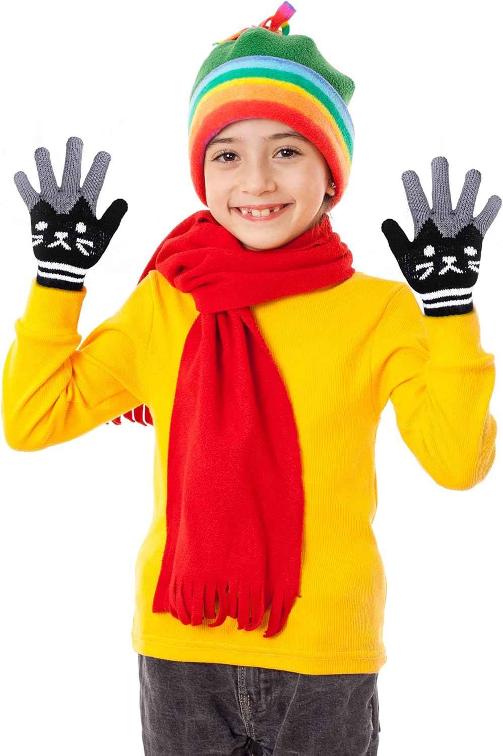 SATINIOR 2 Paar Winter Kinder Handschuhe Katze Fäustlinge Warme Gestrickte Handschuhe für 6-12 Jahre, Schwarz und Rosa