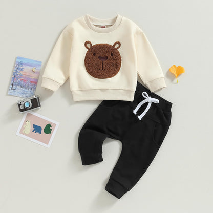 Carolilly Baby Suit 2-Piece Clothing Outfit Baby Clothing Set Cute Long Sleeve Sweatshirt Embroidered Bear + Long Trousers Warm Children's Suit Autumn Spring