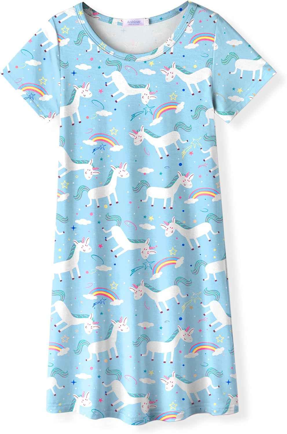 Arshiner Nightdress Girls Short Sleeve Pyjamas Children's Sleep Dress Cat Unicorn Crew Neck Night Dress 4-12 Years