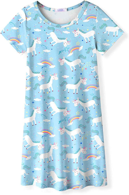 Arshiner Nightdress Girls Short Sleeve Pyjamas Children's Sleep Dress Cat Unicorn Crew Neck Night Dress 4-12 Years