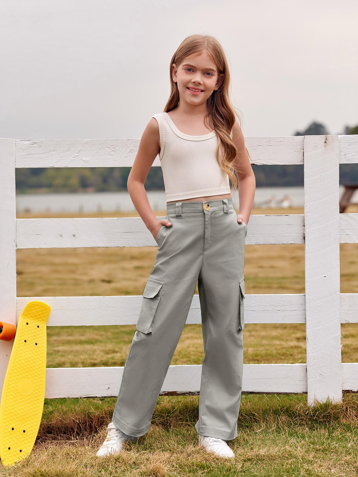 Haloumoning Mädchen Cargohose Baumwoll Y2K Baggy Cargo Hose Kinder Straight Leg Hohe Taille Jogginghose Casual Outdoorhose mit Elastische Taille und Taschen