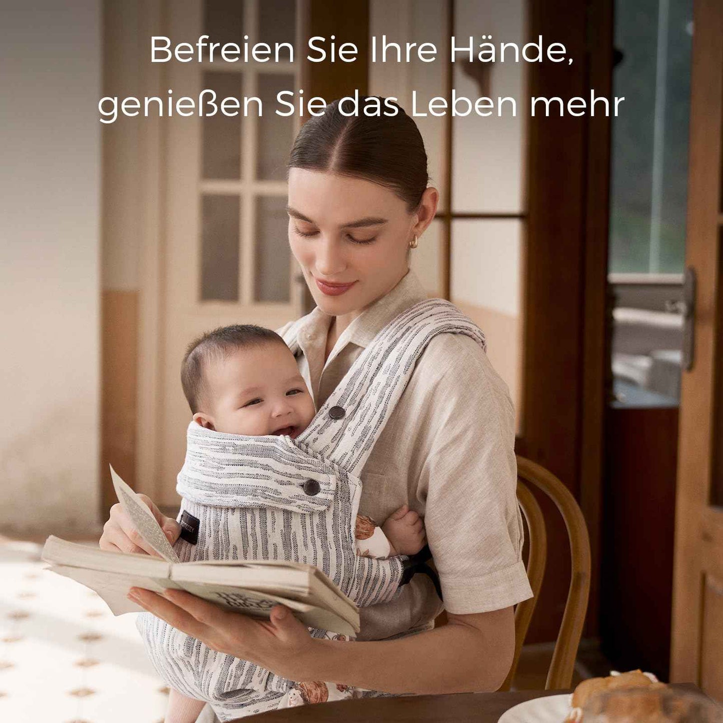 Momcozy Babytrage aus 100% Baumwolle – Baby Carrier für Kleinkind (3-24 Monate, 3,2-20 kg) · Ergonomische M-Position · X-Rücken · Taillengurt 64-127cm, Khaki