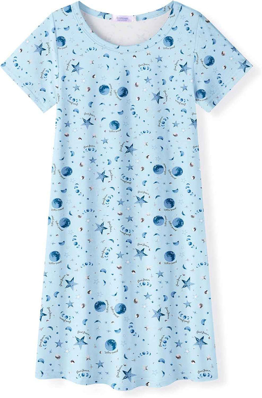 Arshiner Nightdress Girls Short Sleeve Pyjamas Children's Sleep Dress Cat Unicorn Crew Neck Night Dress 4-12 Years