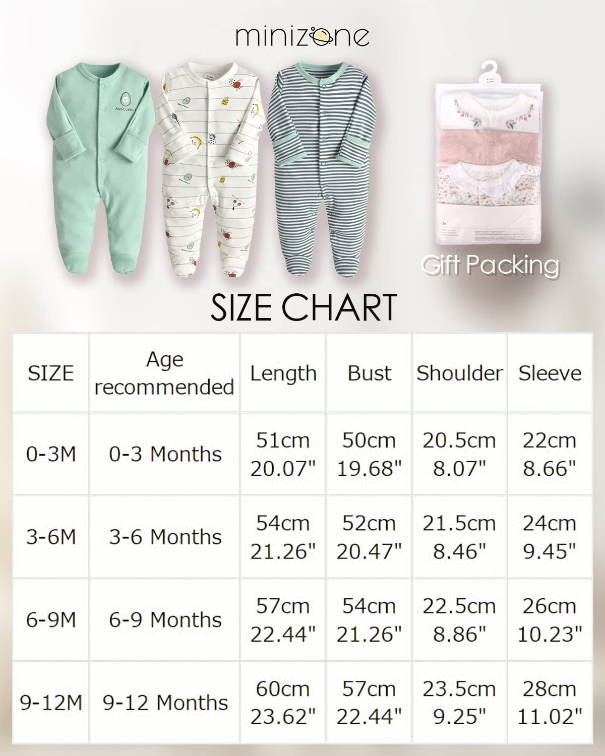 Minizone Baby Schlafstrampler 3er Pack, Pyjamas Langarm Strampler Jungen Mädchen Geschenk 9-12 Monate