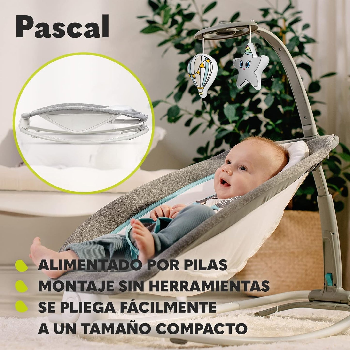 LIONELO Pascal Baby Rocker, gentle vibrations, 5 melodies, toy carousel with interactive plush toys, head pillow, adjustable backrest, energy-saving system (GREY DOVE) 