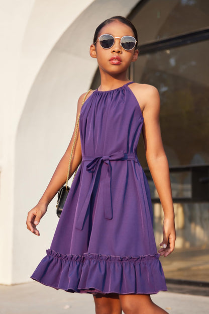 Arshiner Mädchen Kleid Neckholder Sommerkleid Rüschensaum Midikleid A-Linie Kinderkleid Swing Partykleider Abendkleid Kinder Festliche Kleider Freizeitkleid mit Gürtel 6-14 Jahre