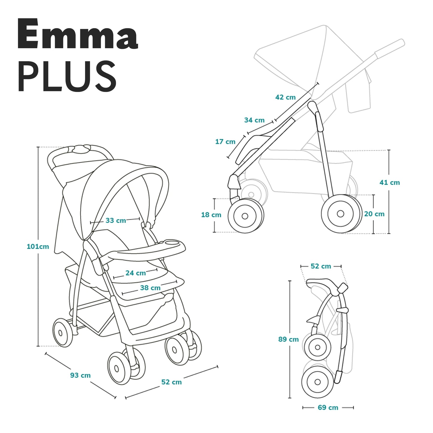 LIONELO Emma Plus Kinderwagen bis zu 15 kg, Kindersportwagen, leicht modern klein Buggy mit Liegeposition, zusammenklappbar, große Räder, großer Korb, Tasche Stone