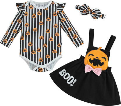 ESSECMBS Infant Baby Girl Halloween Romper Skirt 3 Pieces Clothing Set Long Sleeve Ruffle Shoulder Body Braces Pumpkin Ghost Skirt Headband Girls All Saints Clothing