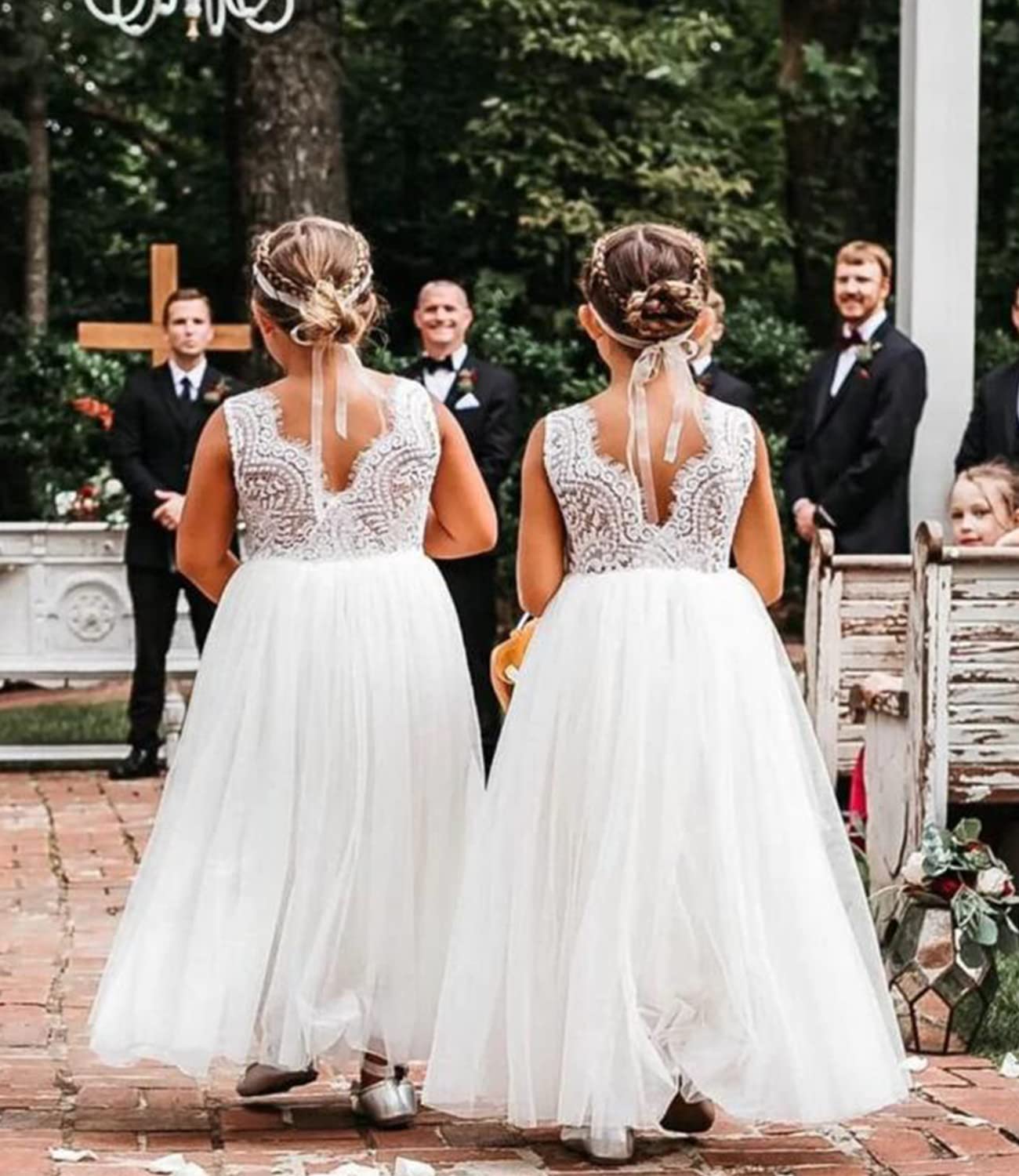 Beganly Mädchen Festtagskleider Spitze V-Rücken Kleid ärmellos Flauschig Tüll Prinzessin Partykleid Blumenmädchen Kleider