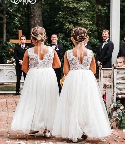 Beganly Mädchen Festtagskleider Spitze V-Rücken Kleid ärmellos Flauschig Tüll Prinzessin Partykleid Blumenmädchen Kleider