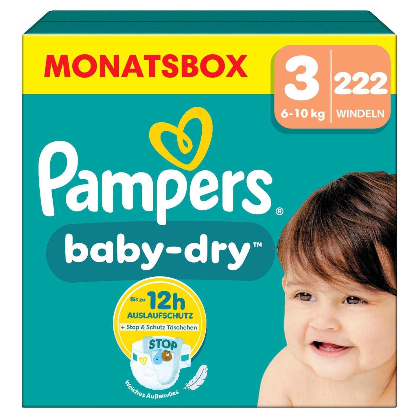 Pampers Baby-Dry Size 3, 222 Nappies, 6 kg - 10 kg, Up to 100% Leak Protection & Comfort All Night