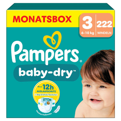 Pampers Baby-Dry Size 3, 222 Nappies, 6 kg - 10 kg, Up to 100% Leak Protection & Comfort All Night