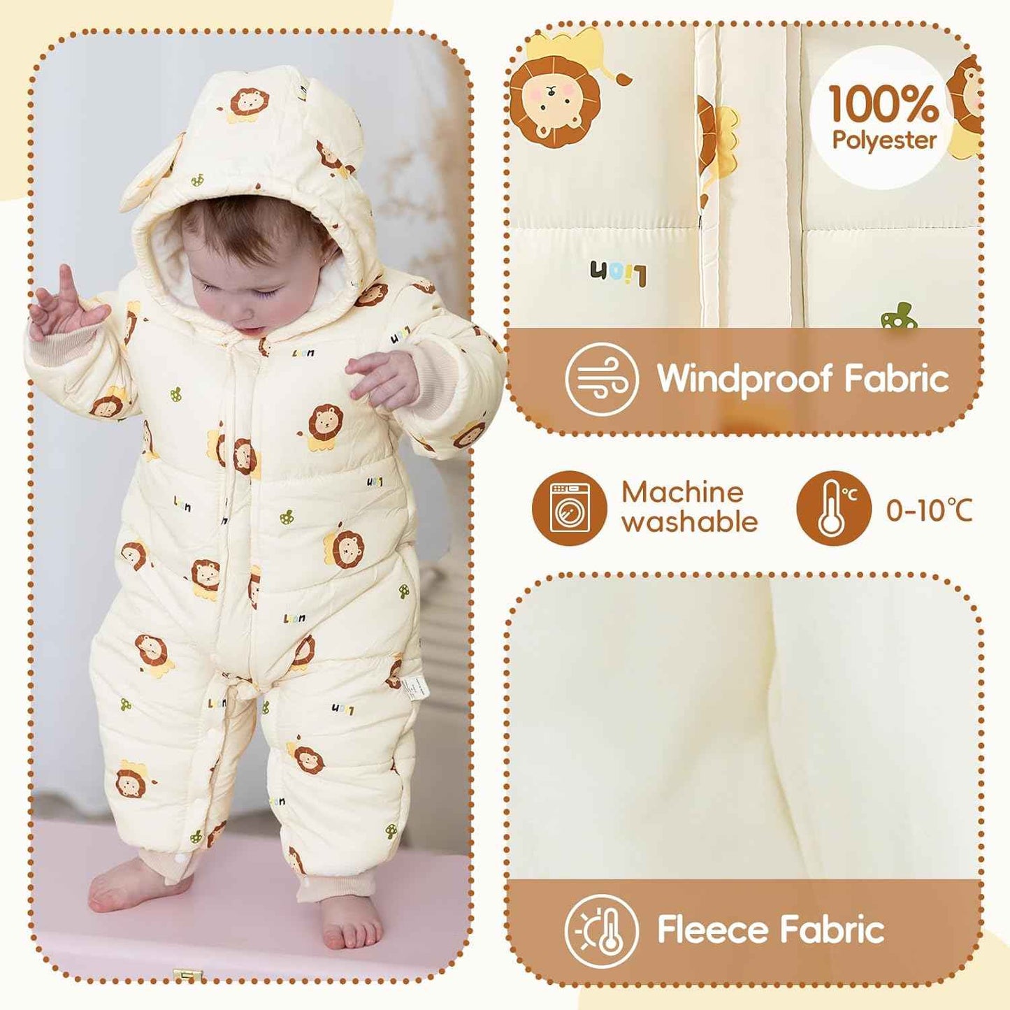 JiAmy Baby Snowsuit, Toddler Winter Romper Girls Boys Winter Jumpsuit with Hood Long Sleeve Jumpsuit Cute Prints for 3-24 Months