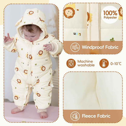 JiAmy Baby Snowsuit, Toddler Winter Romper Girls Boys Winter Jumpsuit with Hood Long Sleeve Jumpsuit Cute Prints for 3-24 Months