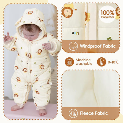 JiAmy Baby Snowsuit, Toddler Winter Romper Girls Boys Winter Jumpsuit with Hood Long Sleeve Jumpsuit Cute Prints for 3-24 Months