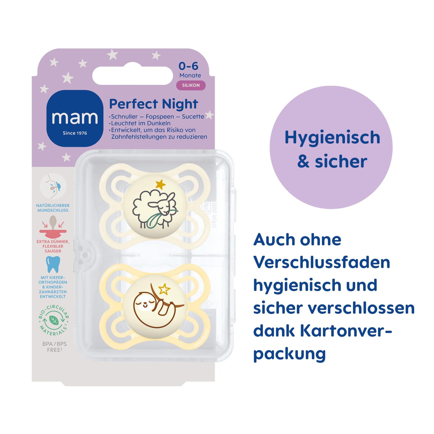 MAM Perfect Day & Night Schnuller | 0-6 Monate | Babyschnuller für Neugeborene | 94% Akzeptanz | beugt Zahnfehlstellungen vor | mit Zahnmedizinern entwickelt| SkinSoft Silikon |Igel/Schaf | 4 Stück