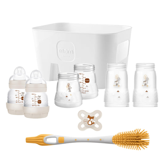 MAM Easy Start Anti-Colic Combi-Set, Babyflaschen Set mit 6 Flaschen gegen Koliken (2 x 130 ml, 160 ml, 260 ml) & Flaschenkorb, Babyausstattung ab der Geburt, beige
